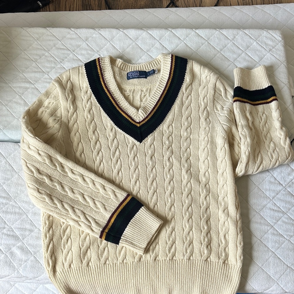 Polo Ralph Lauren Cream Cable Knit V-Neck Sweater